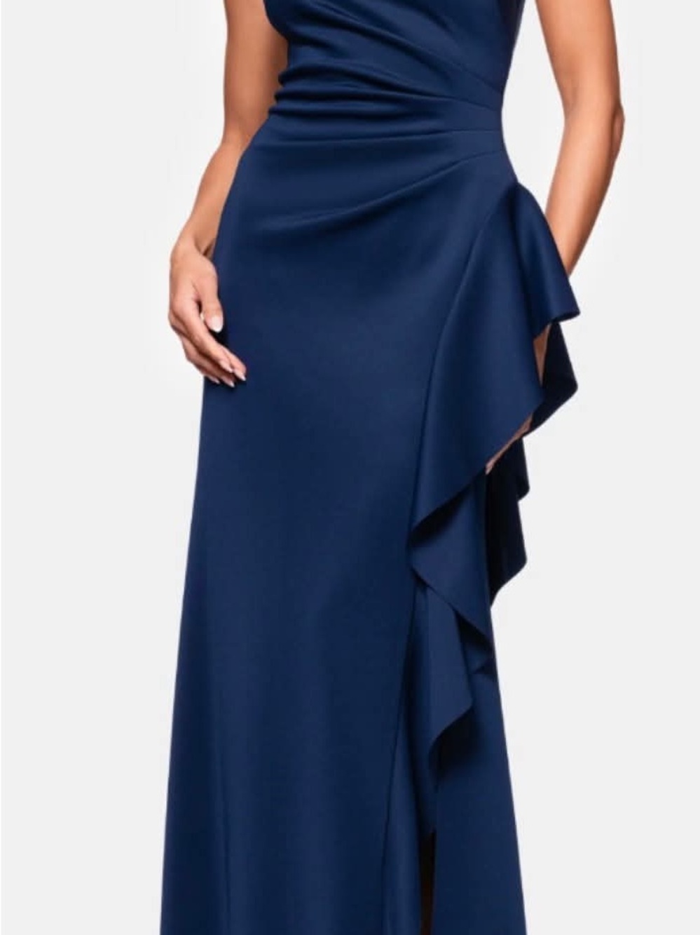 NWT Xscape Midnight Blue One-Shoulder Scuba Ruffle Sheath Dress Gown $248 SZ 4P - Picture 2 of 10